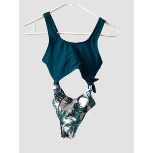 Shein Kids Size 150 11-12 Yrs One Piece Swim Suit Solid Top Leaves Bottom Print